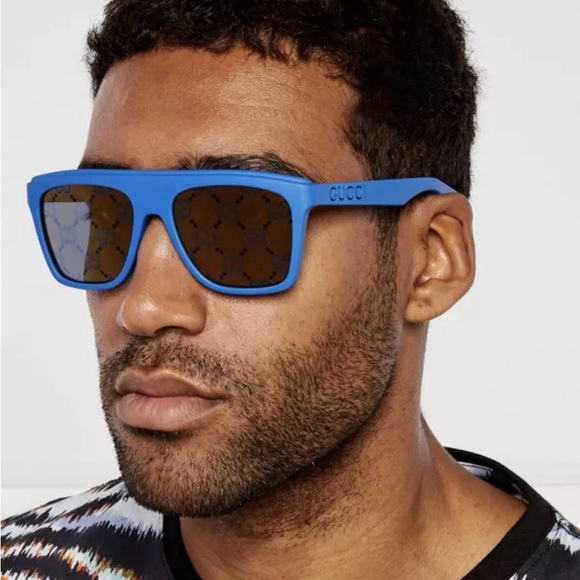 GUCCI MATTE BLUE GREY MIRRORED “GG” MONOGRAM SQUARE SUNGLASSES - Picture 13 of 16